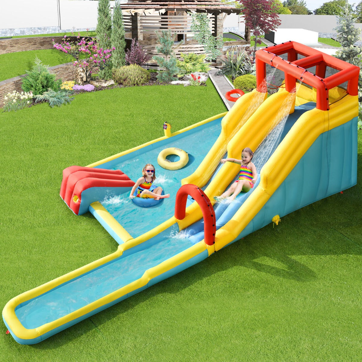 NNECW 7 in 1 Inflatable Water Park Dual Long Slide Jumping Bounce House with Blower-0