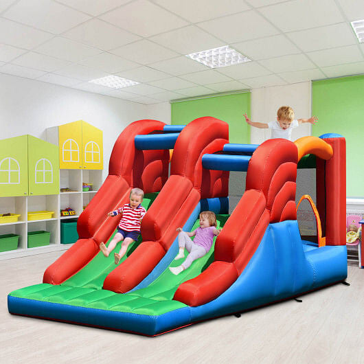 6-in-1 Inflatable Bounce House with Climbing Wall and Basketball Hoop with Blower-0