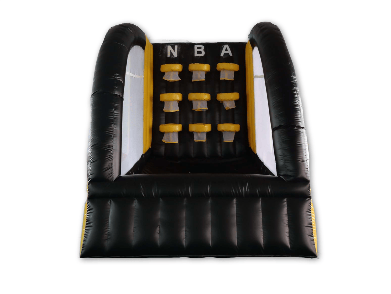 Soft Summits inflatable basketball hoop wall with nine hoops for fun free-throw practice, suitable for indoor or outdoor use.