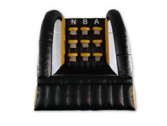 Soft Summits inflatable basketball hoop wall with nine hoops for fun free-throw practice, suitable for indoor or outdoor use.