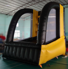 Side view of Soft Summits' inflatable basketball hoop wall, highlighting its durable structure and vibrant design for active fun.