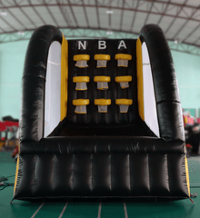 Inflatable basketball hoop wall for free-throw practice by Soft Summits, showing the colorful hoop and backboard for indoor or outdoor use.