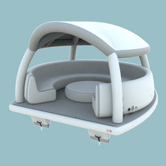 3D render of Soft Summits' inflatable leisure platform with a tent, angled view showcasing its spacious design for relaxing on the water.