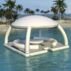Top-down 3D render of Soft Summits' inflatable leisure platform featuring a tent, perfect for lounging and enjoying serene water settings.
