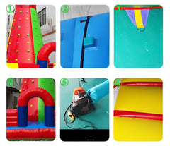 A detailed collage of Soft Summits' large inflatable climbing mountain, highlighting its handholds, routes, and durable design.