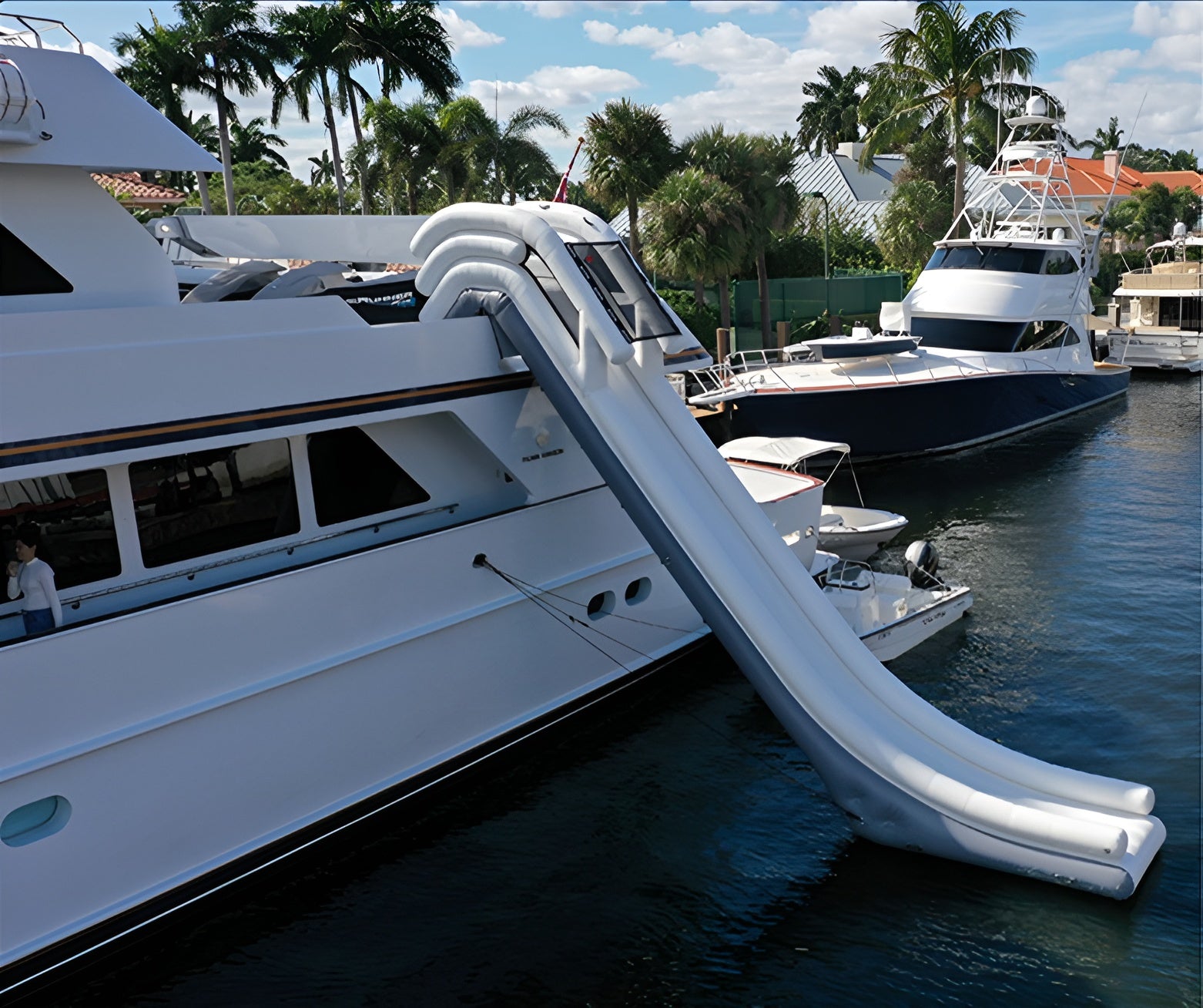 Soft Summits' large inflatable yacht slide—perfect for adding excitement and fun to luxury boat experiences and water adventures.