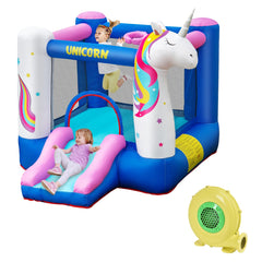NNECW Inflatable Unicorn Theme Bounce House with Slide & Basketball Hoop with Blower