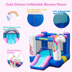 NNECW Inflatable Unicorn Theme Bounce House with Slide & Basketball Hoop with Blower