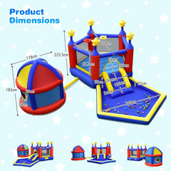 NNECW kids inflatable bouncy house with double basketball hoops, colorful bounce surface and mesh sides for outdoor play.