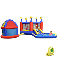 NNECW kids inflatable bouncy house with double basketball hoops, colorful outdoor play equipment for children’s active fun.