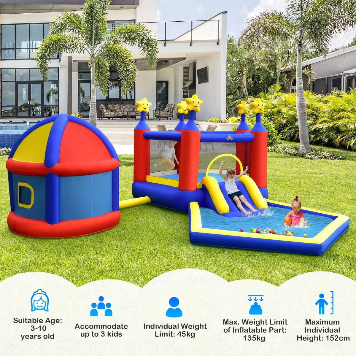 NNECW kids inflatable bouncy house with double basketball hoops, colorful indoor play structure for children’s sports fun
