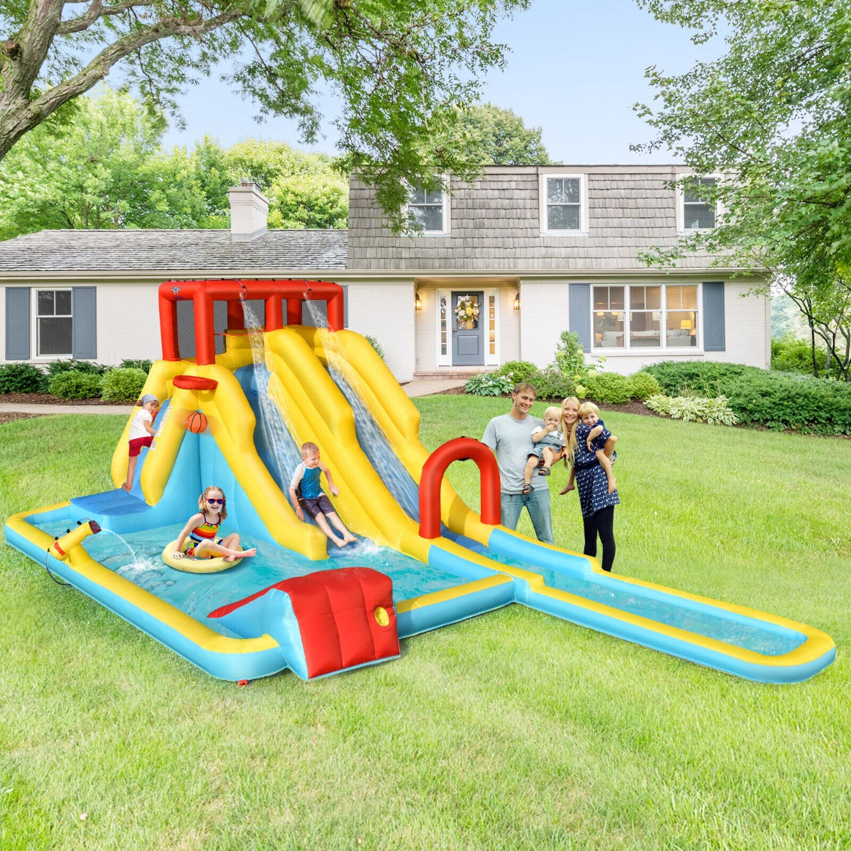 NNECW 7 in 1 Inflatable Water Park Dual Long Slide Jumping Bounce House without Blower-0