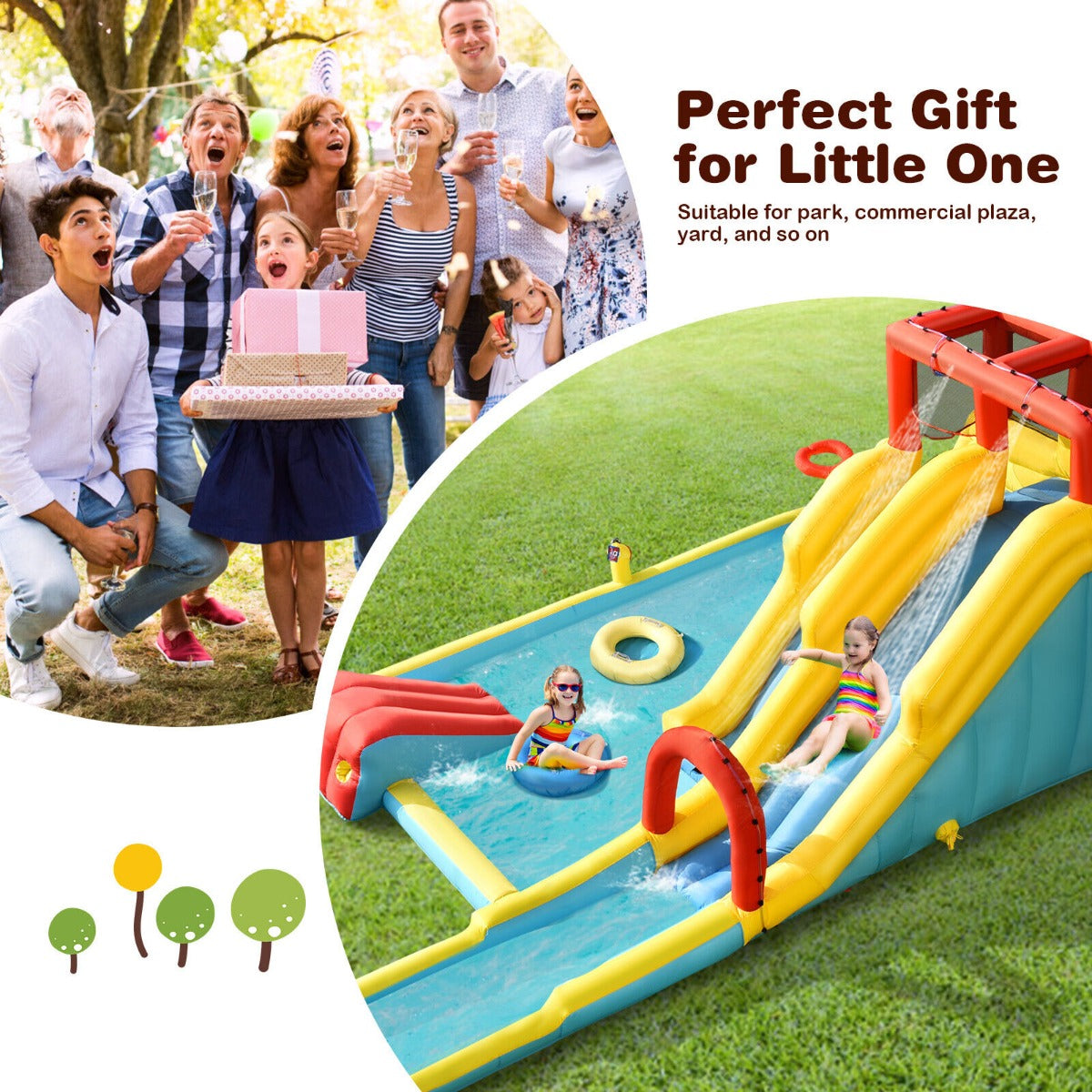NNECW 7 in 1 Inflatable Water Park Dual Long Slide Jumping Bounce House with Blower