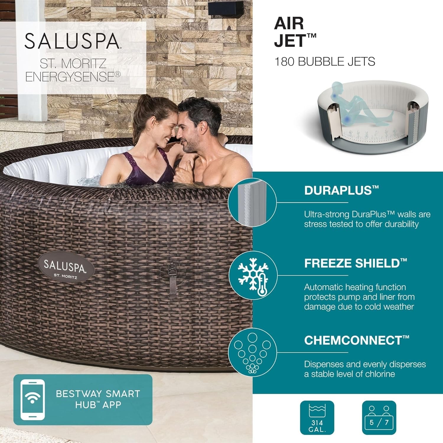 7 Person Round Inflatable Hot Tub 180 Jets
