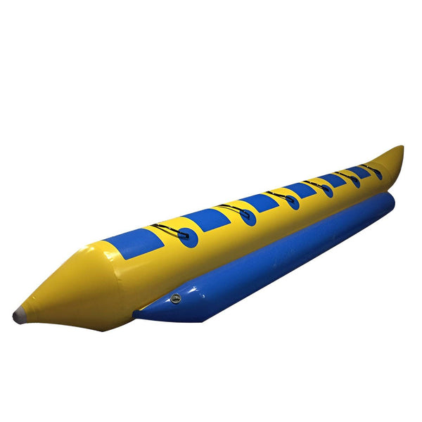 Soft Summits towable banana boat designed for water fun, featuring bright yellow inflatable with multiple passenger seats.