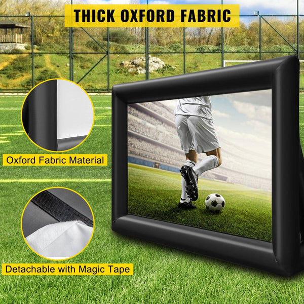 Inflatable outdoor movie screen by Soft Summits set up with a projector for backyard cinema entertainment.