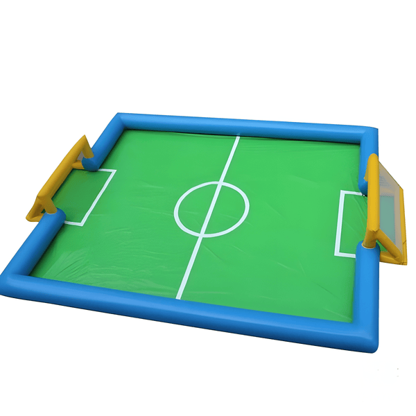 Soft Summits inflatable soccer field viewed from high angle showing bright green artificial turf and sturdy inflatable sides.