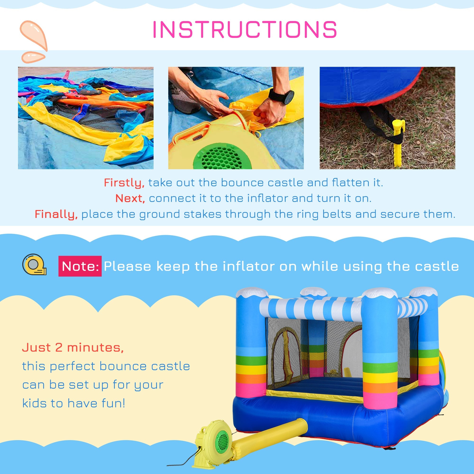 Kids Bouncy Castle House Inflatable Trampoline Water Pool 2 in 1 with Blower for Kids Age 3-12 Rainbow Design 2.9 x 2 x 1.55m