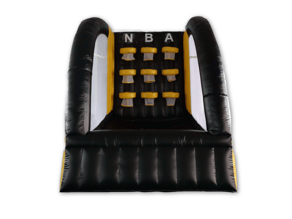Soft Summits inflatable basketball hoop wall with nine hoops for free-throw practice, mounted on a wall for fun basketball play.