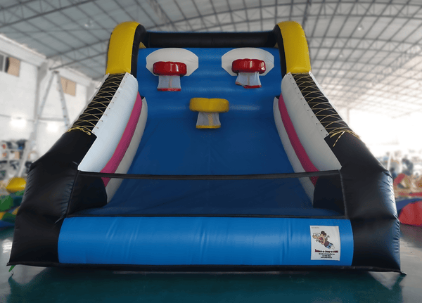 Soft Summits triple hoop basketball inflatable with basketball wall and multiple hoops, ideal for indoor or outdoor play.
