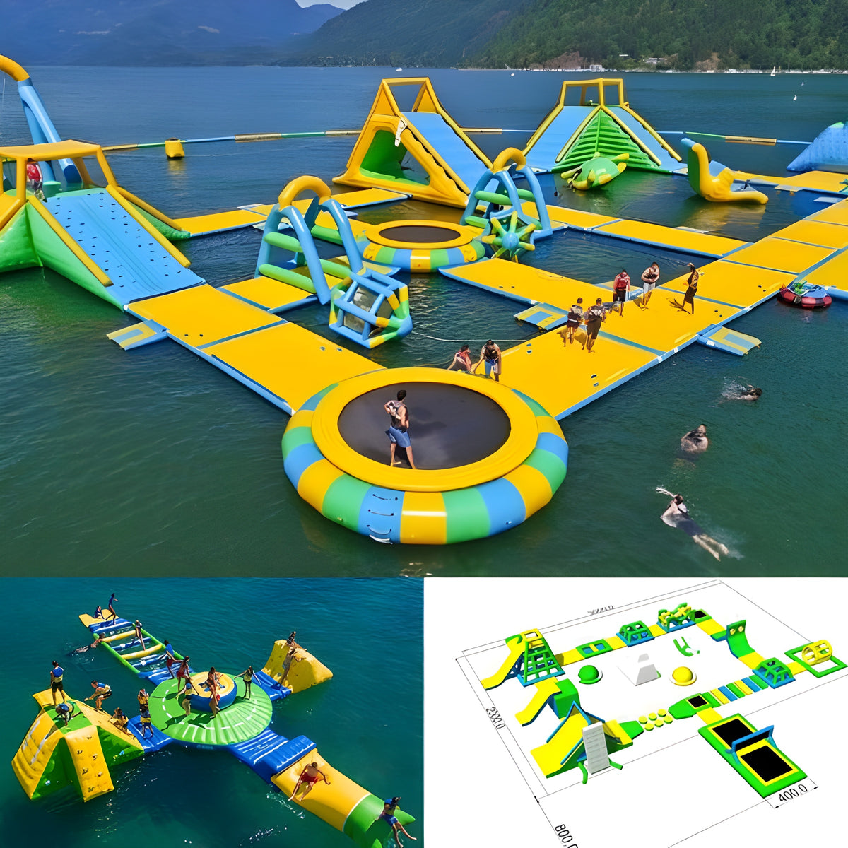 Soft Summits' commercial-size inflatable water park—featuring thrilling slides, climbing walls, and obstacle courses for ultimate aquatic fun at large events.