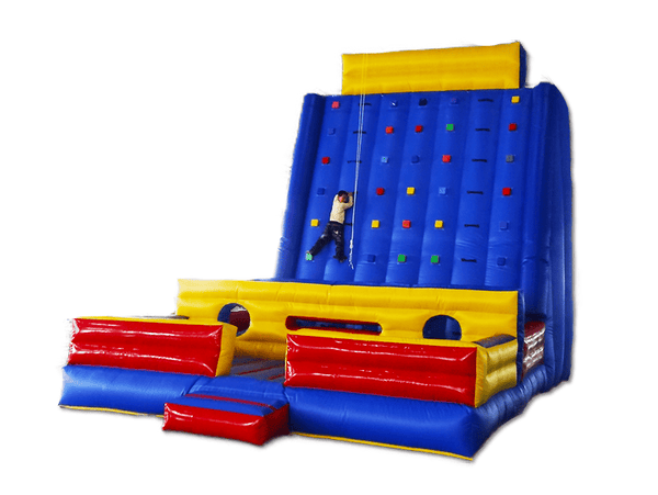 Soft Summits inflatable climbing wall for outdoor playground, featuring colorful handholds and a sturdy, bright orange inflatable base.