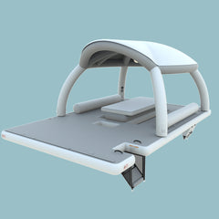 Side view 3D render of Soft Summits' inflatable floating island with a tent, highlighting its durable structure and versatile layout for water fun.