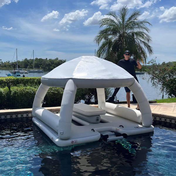 Soft Summits inflatable leisure tent set up on a grassy outdoor area, featuring a spacious, durable inflatable platform for relaxation.