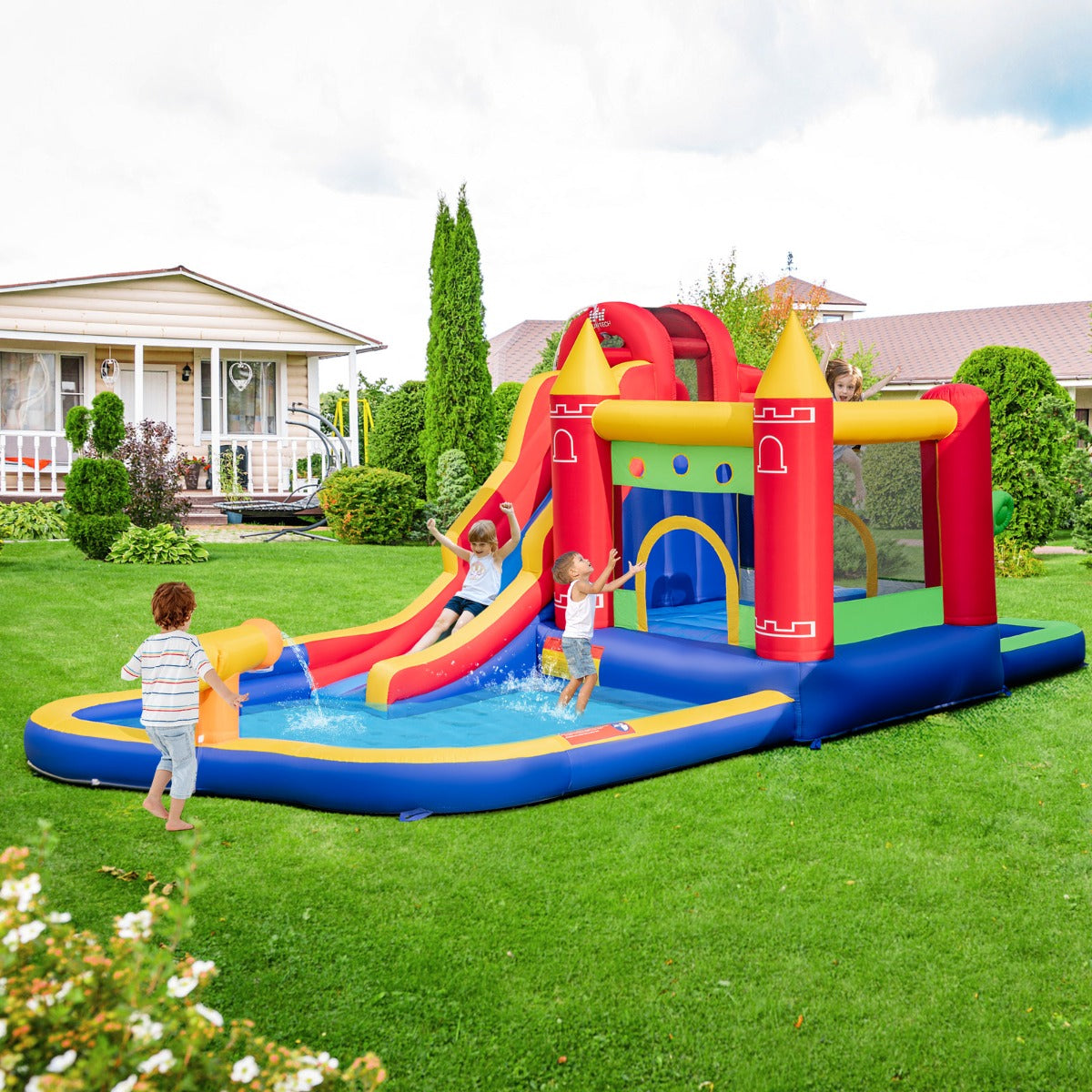 NNECW 9-in-1 Inflatable Bounce Castle with Waterslide for 3+ (with 680W Blower)-0