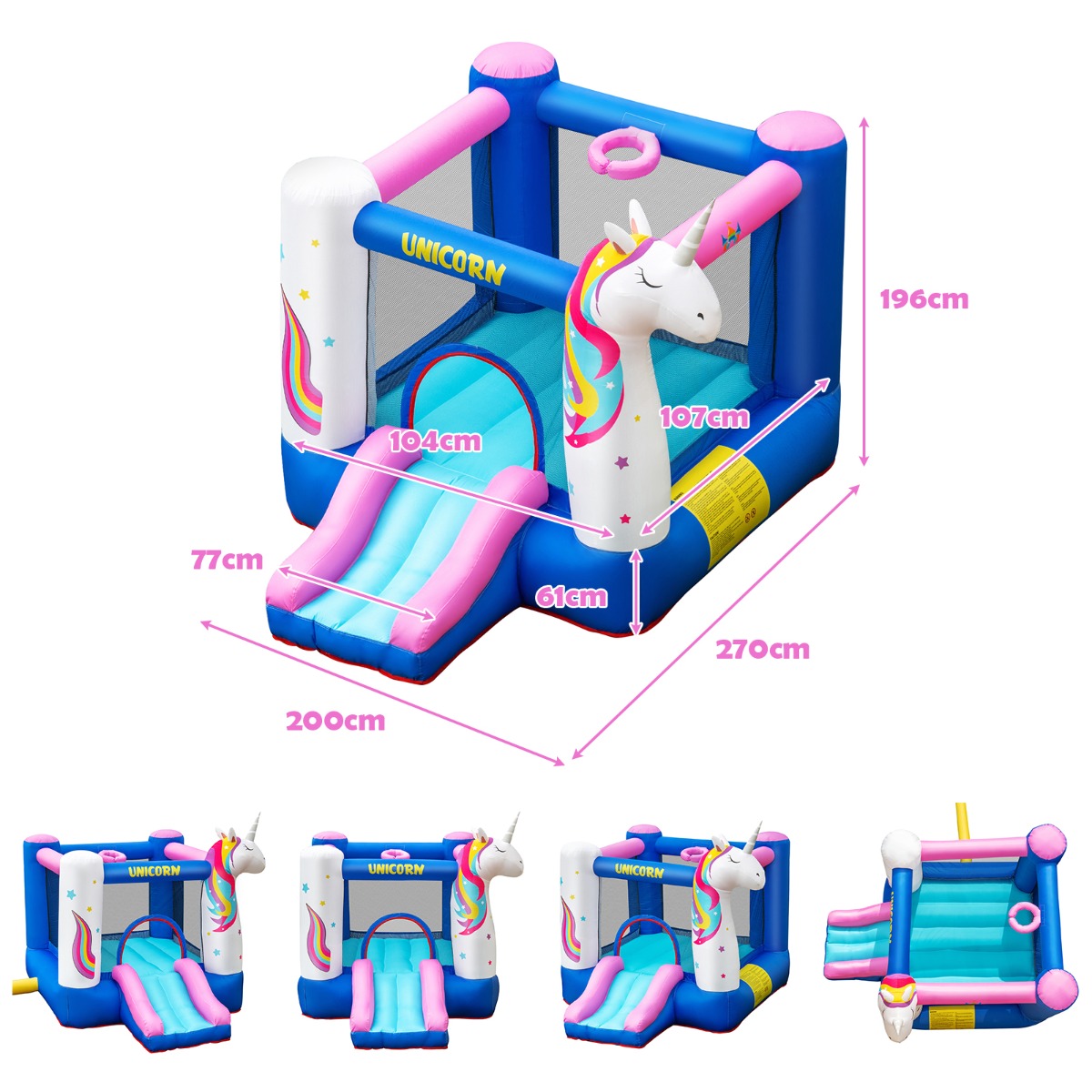 NNECW Inflatable Unicorn Theme Bounce House with Slide & Basketball Hoop with Blower