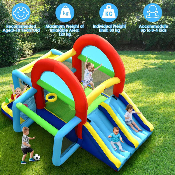 NNECW inflatable bounce house with dual slides, jumping area, and 450W blower for outdoor play and entertainment.