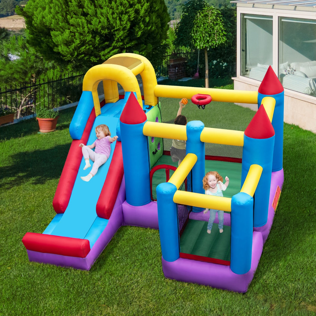 NNECW 5-in-1 Inflatable Bounce House with Slide & Trampoline with Blower-0