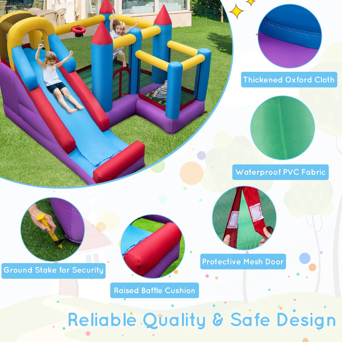 NNECW 5-in-1 Inflatable Bounce House with Slide & Trampoline with Blower