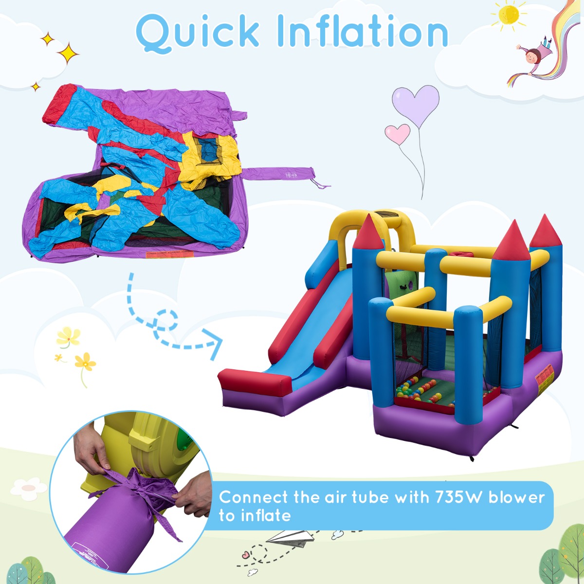 NNECW 5-in-1 Inflatable Bounce House with Slide & Trampoline with Blower