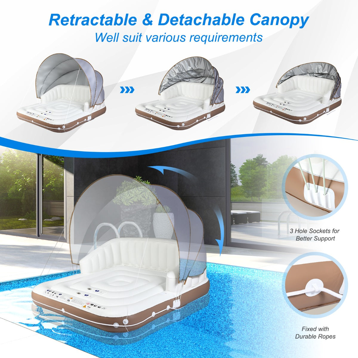 NNECW Inflatable Pool Floating Lounge Chair with 2 Cup Holders Retractable Canopy