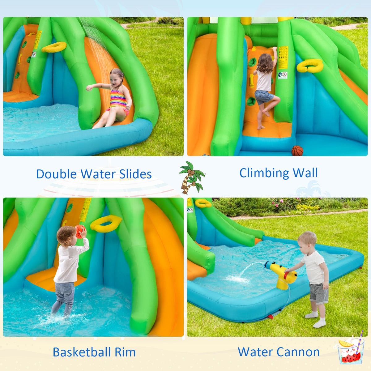 NNECW Inflatable Water Park with Two Slides for Outdoor Play without Blower
