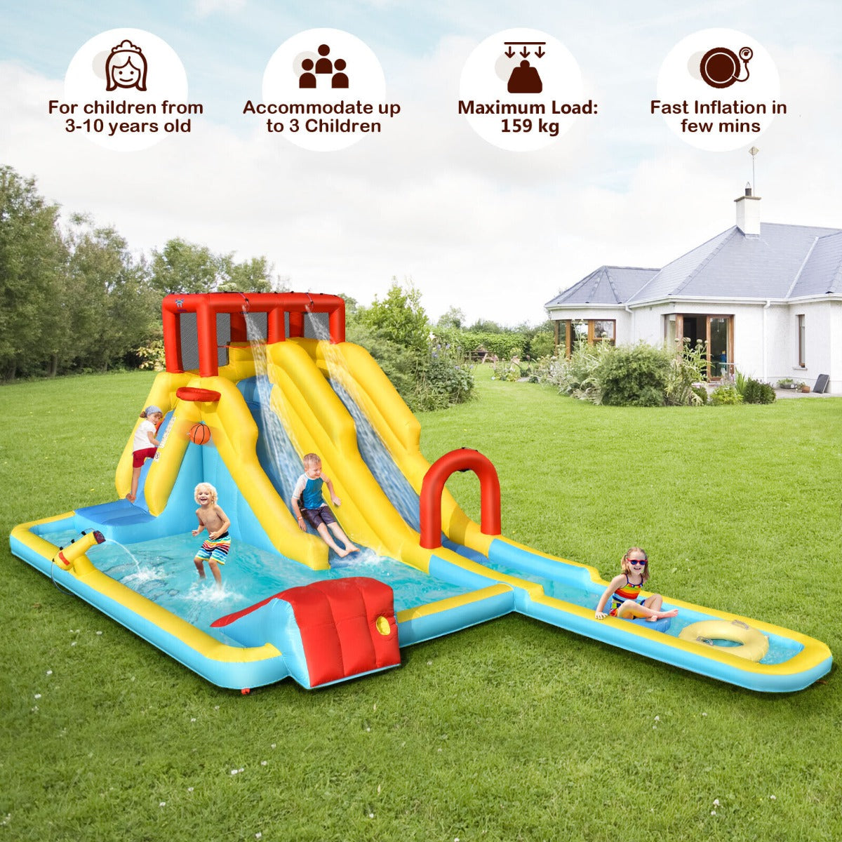 NNECW 7 in 1 Inflatable Water Park Dual Long Slide Jumping Bounce House without Blower