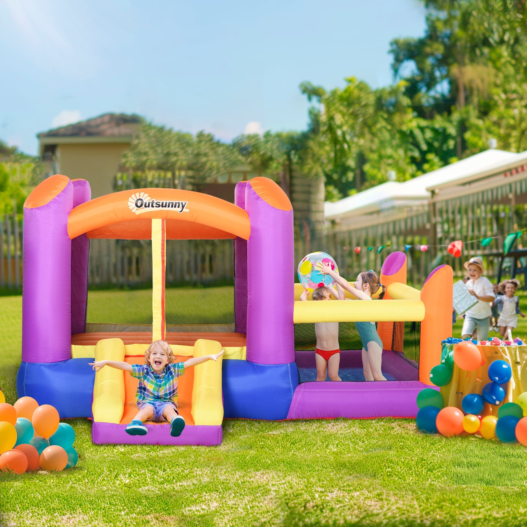 Kids Bouncy Castle House Inflatable Trampoline Slide Water Pool 3 in 1 with Blower for Kids Age 3-8 Multi-color 2.8 x 2.5 x 1.7m
